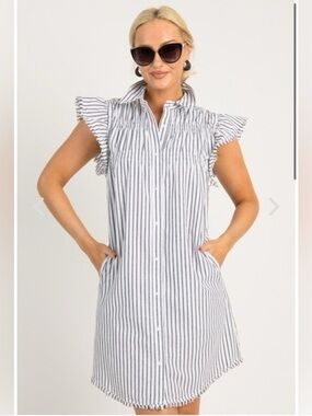 Melissa Nepton Sunset Royal Slub Navy White Striped Linen Shirtdress- Size S